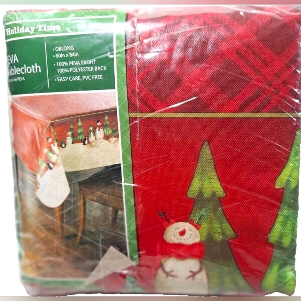 Holiday Time Tablecloth NEW Christmas Red plaid with Snowmen 60x84 PEVA - Picture 2 of 5